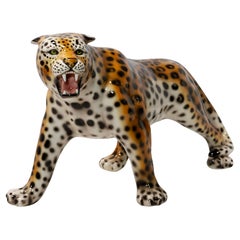 Gran Escultura Vintage Italiana Hand Made de Cerámica Esmaltada de Leopardo