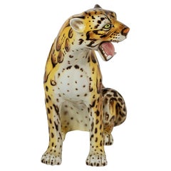 Large Vintage Italian Hand Made Glazed Ceramic Serval Sculpture