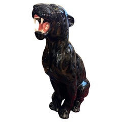 Large Vintage Italian Hand Made Glazed Ceramic Panther Sculpture