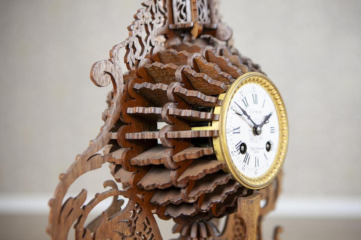 Brass Unique Mantel Clock in Elaborate Exotic Wood Case, Late 19th Century For Sale