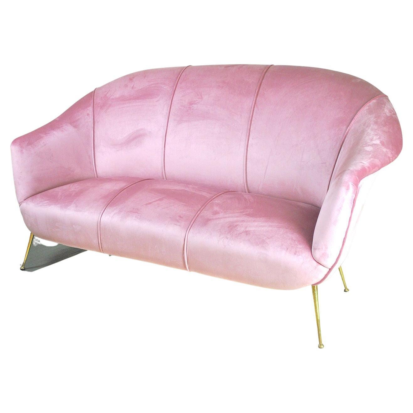 Ico Parisi Italian Sofa Early 1960s in Pink Velvet and Brass Feet For Sale