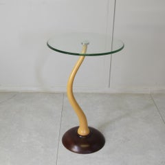 Italian Organic Modern Sculptural Side Table, Serpentine Beech Stem & Round Glass