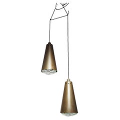 Pair of Pendant Lights with a Fontana Arte Faceted Crystal Diffuser and Corten-Eff