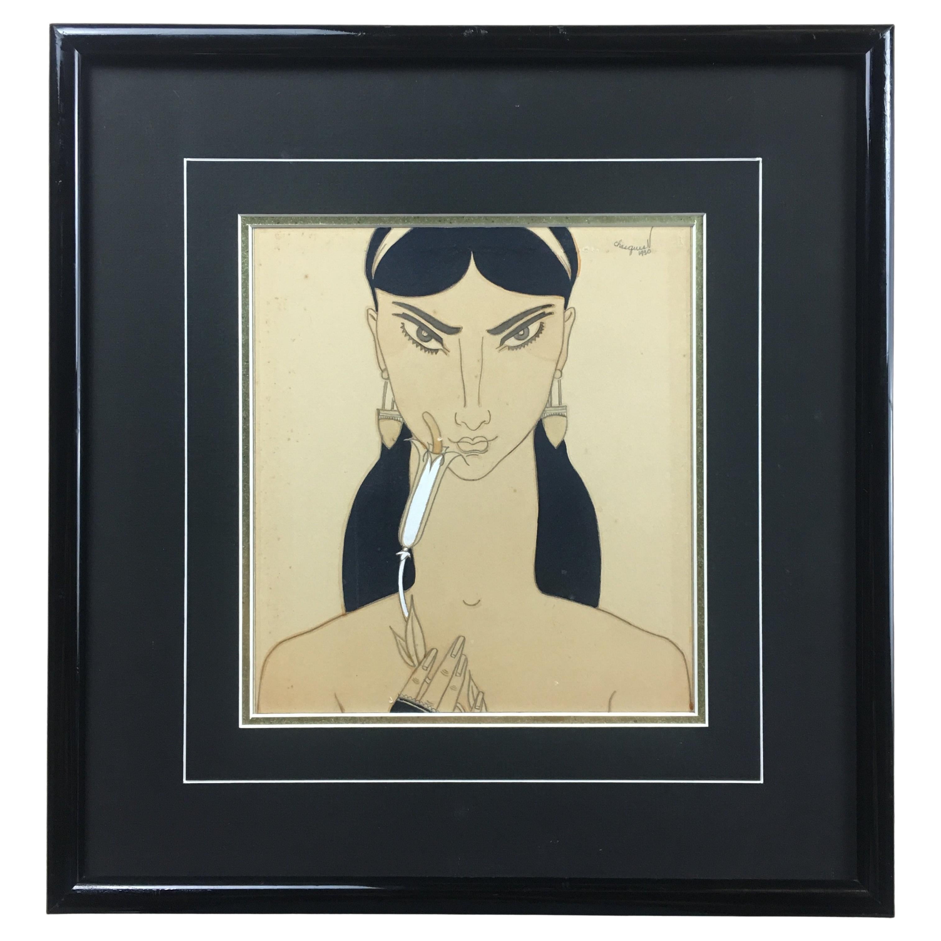 Peinture française Art Déco - Femme tenant une fleur signée Chasquest