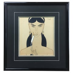 French Art Deco Watercolor of an Exotic Woman with Flower, Signed Chasquest