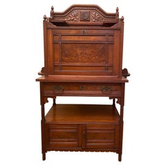 Antique Victorian Art Nouveau Carved Walnut Secretary Desk, Late 19th Century