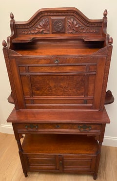 Antique Victorian Art Nouveau Carved Walnut Secretary Desk, Late 19th Century