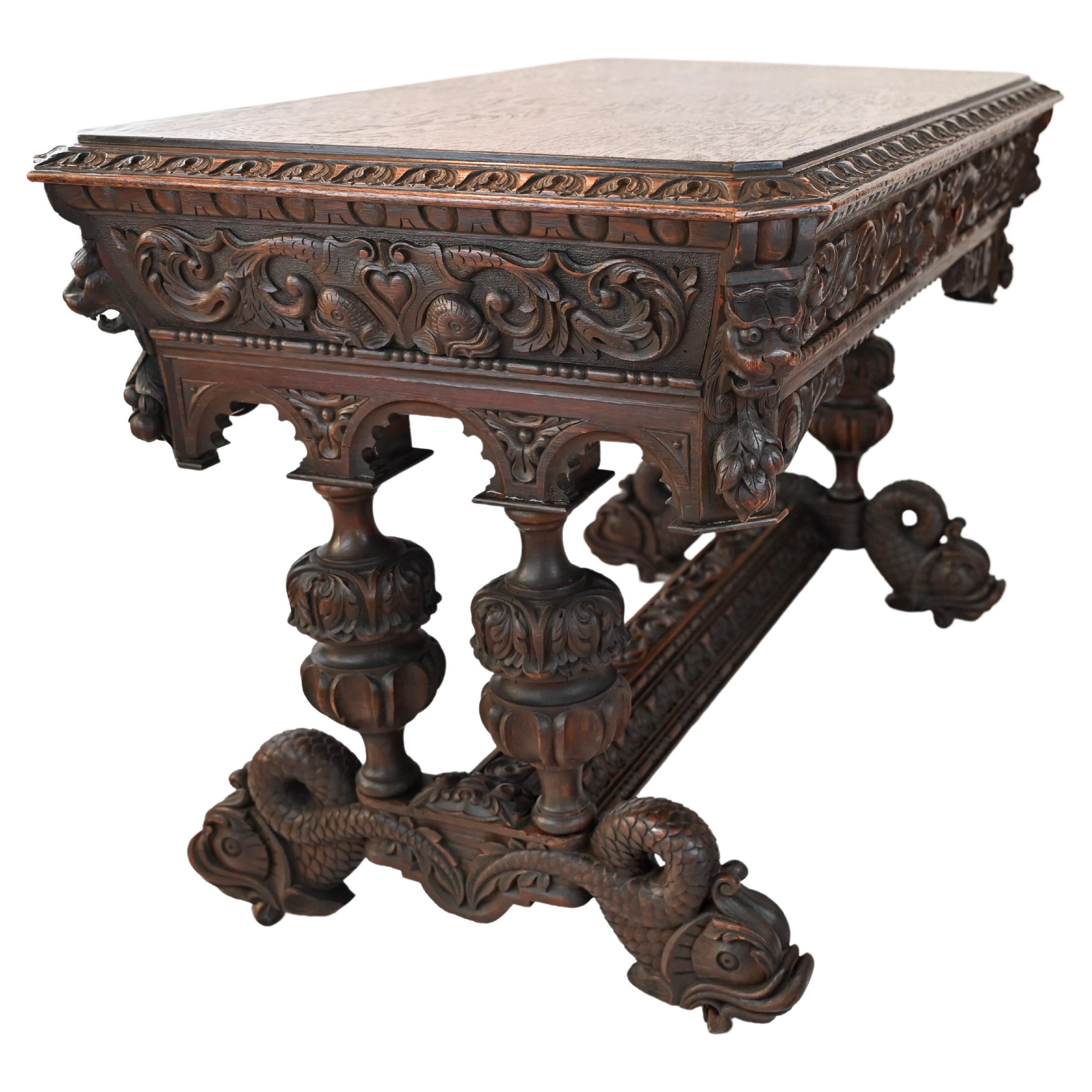 19th Century French Carved Oak Dolphin Table or Desk Renaissance Gothic Style For Sale