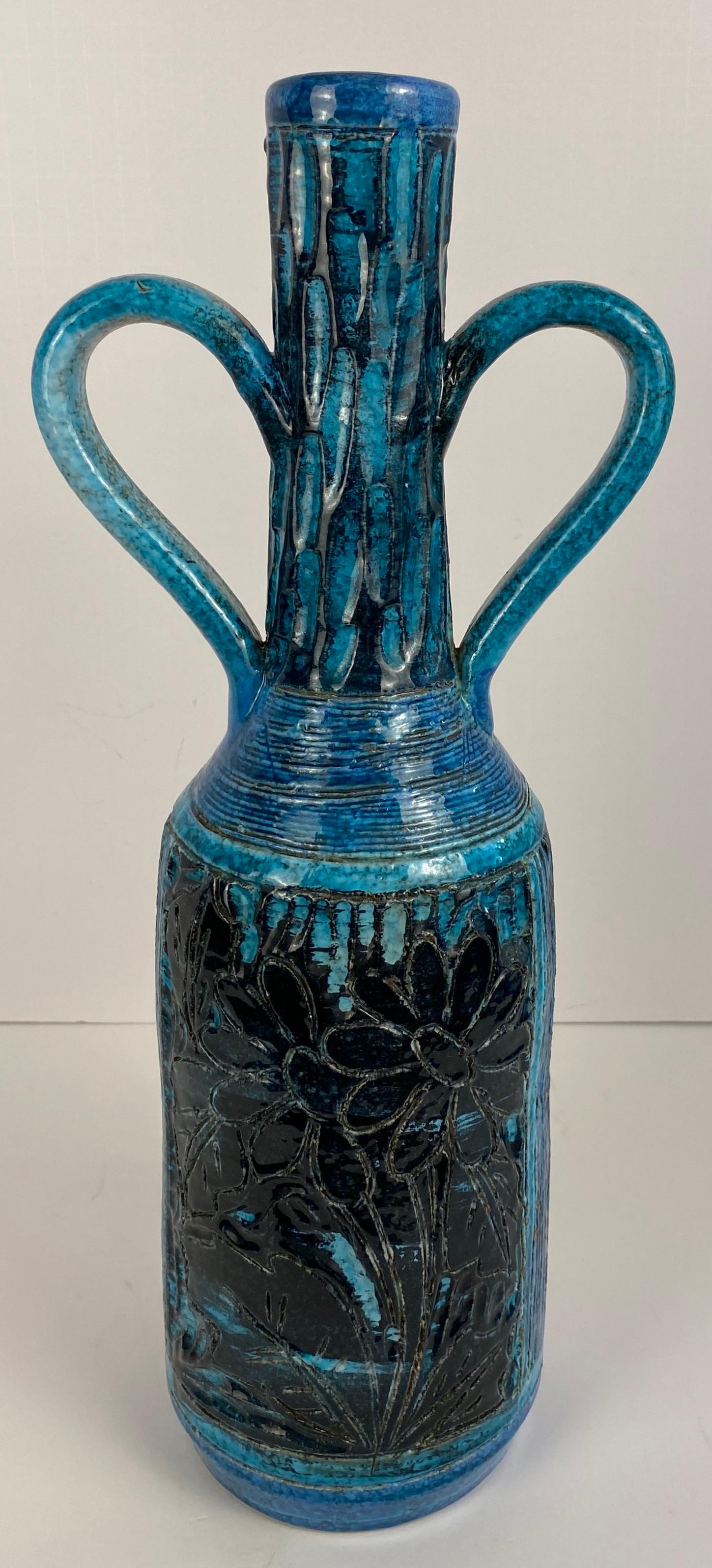 Accolay Style Ceramic Vase with Handles, Large Blue Vase att. to Accolay Pottery For Sale 2