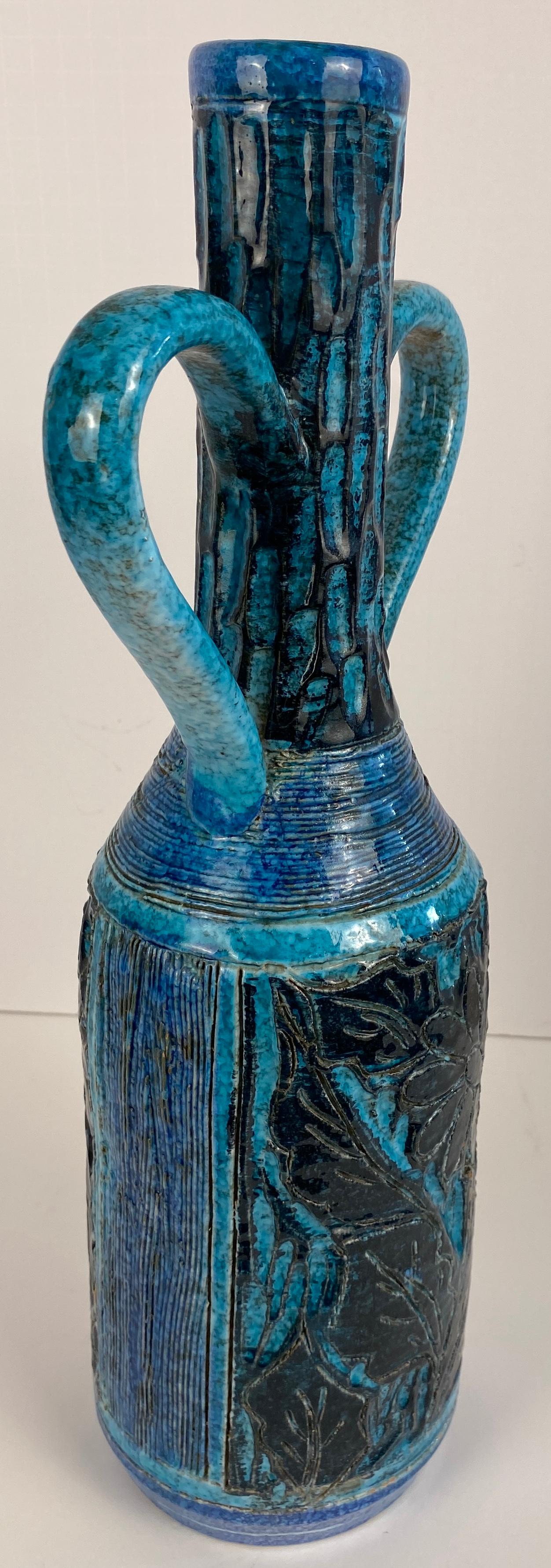 French Accolay Style Ceramic Vase with Handles, Large Blue Vase att. to Accolay Pottery For Sale