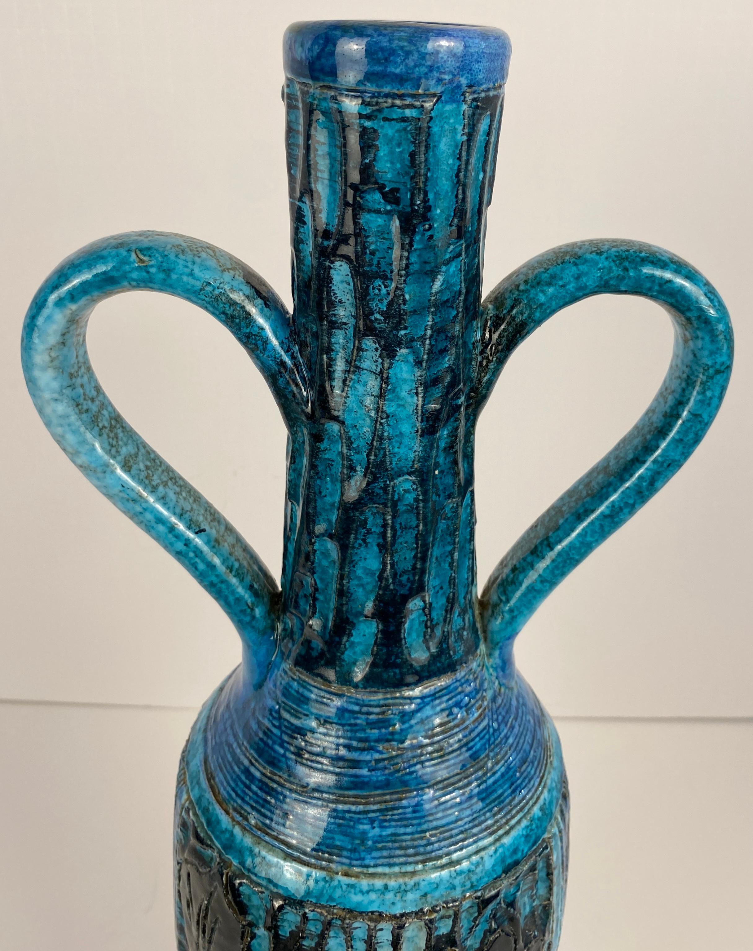 20th Century Accolay Style Ceramic Vase with Handles, Large Blue Vase att. to Accolay Pottery For Sale