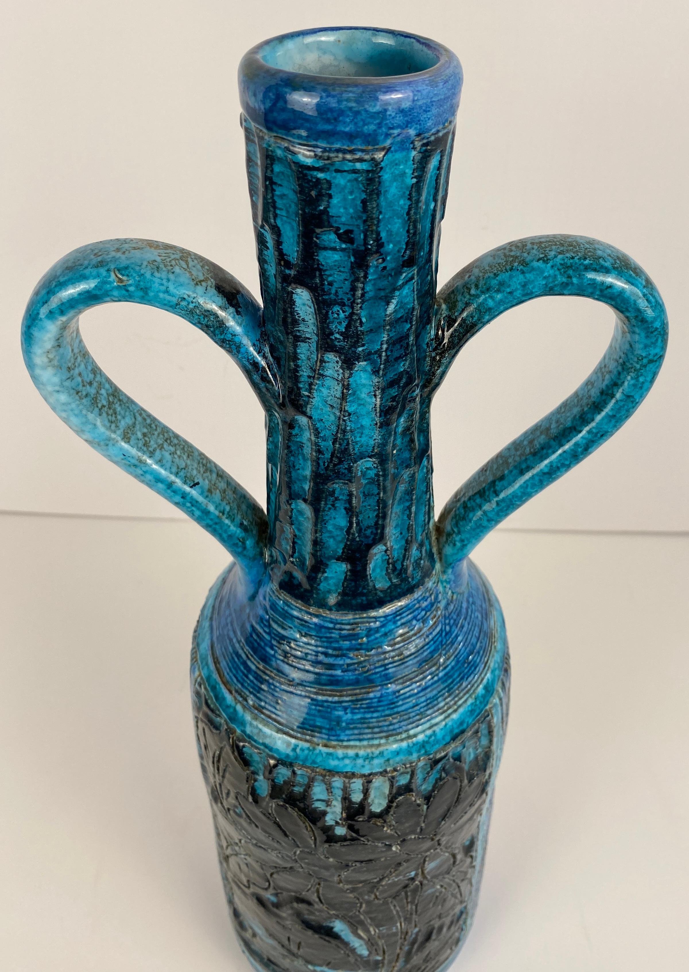 Accolay Style Ceramic Vase with Handles, Large Blue Vase att. to Accolay Pottery In Good Condition For Sale In Miami, FL