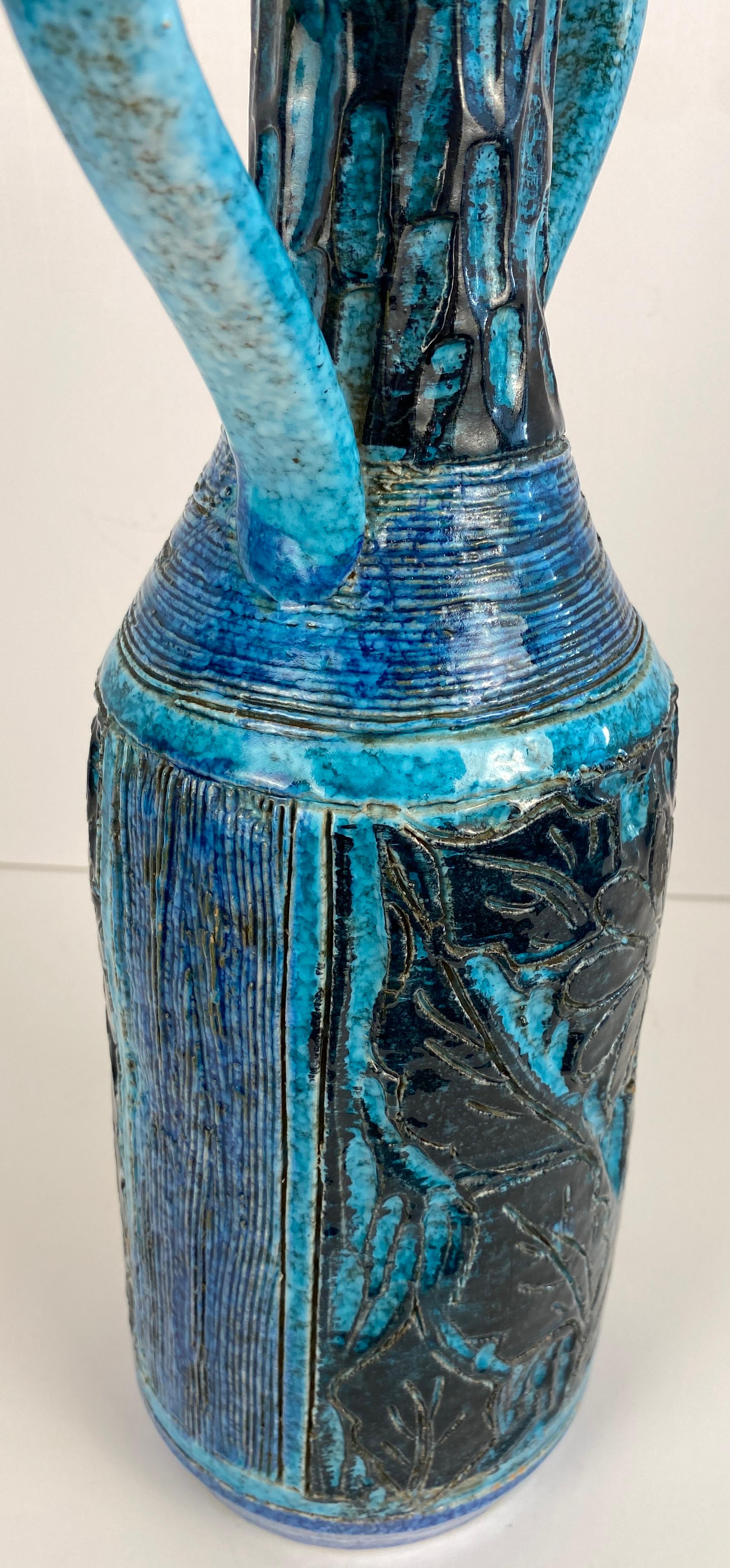 Mid-Century Modern Accolay Style Ceramic Vase with Handles, Large Blue Vase att. to Accolay Pottery For Sale
