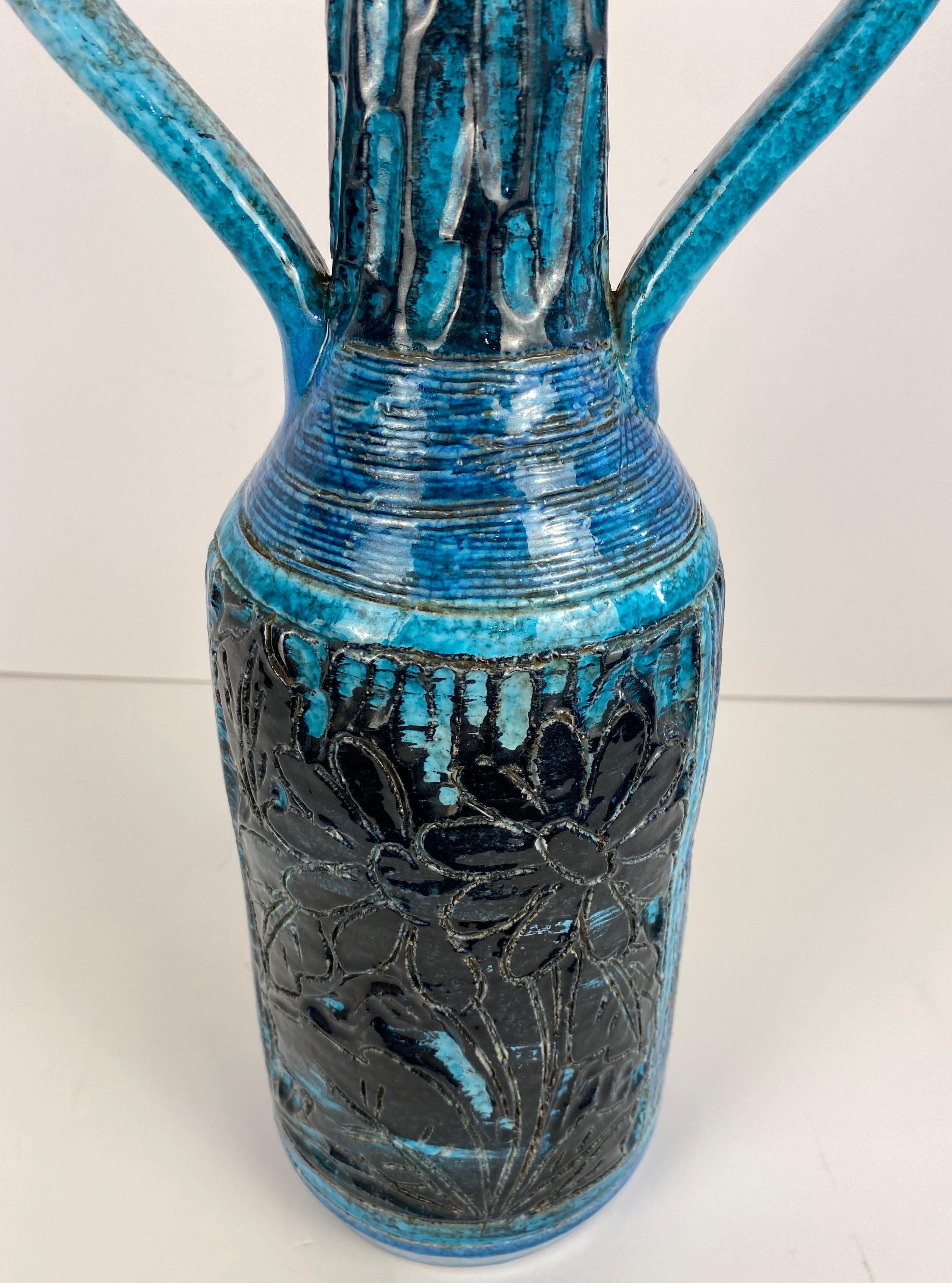Hand-Crafted Accolay Style Ceramic Vase with Handles, Large Blue Vase att. to Accolay Pottery For Sale