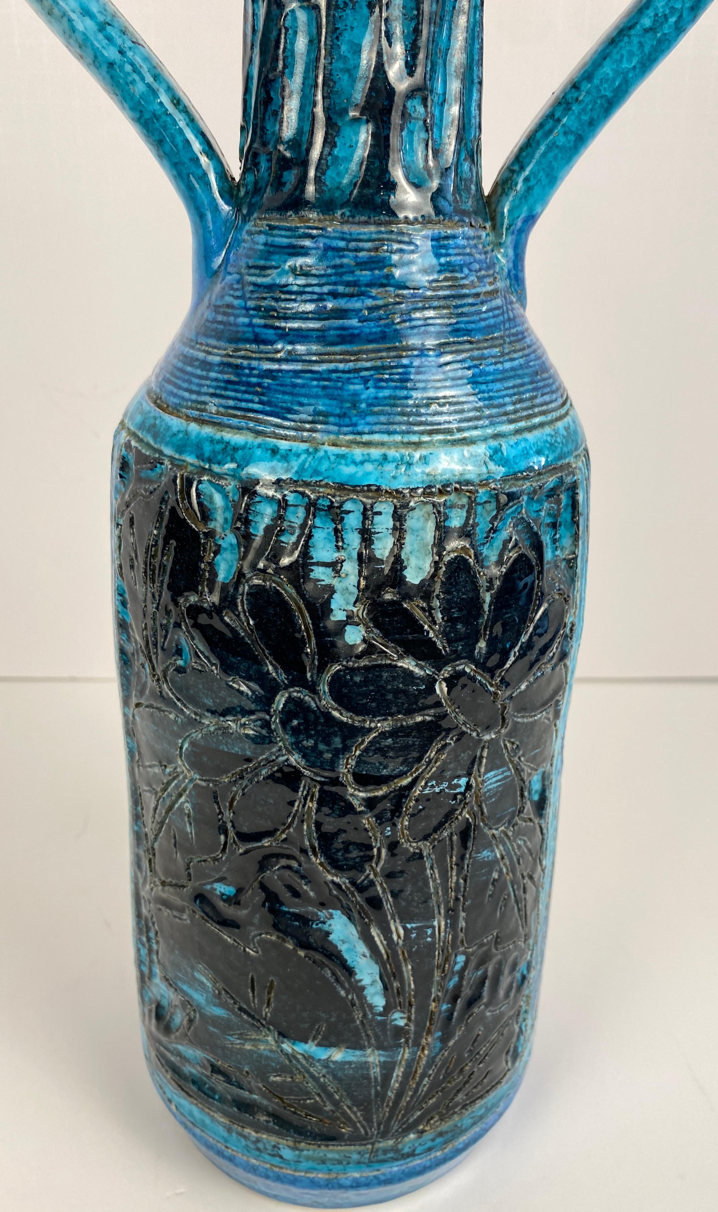 Accolay Style Ceramic Vase with Handles, Large Blue Vase att. to Accolay Pottery For Sale 1