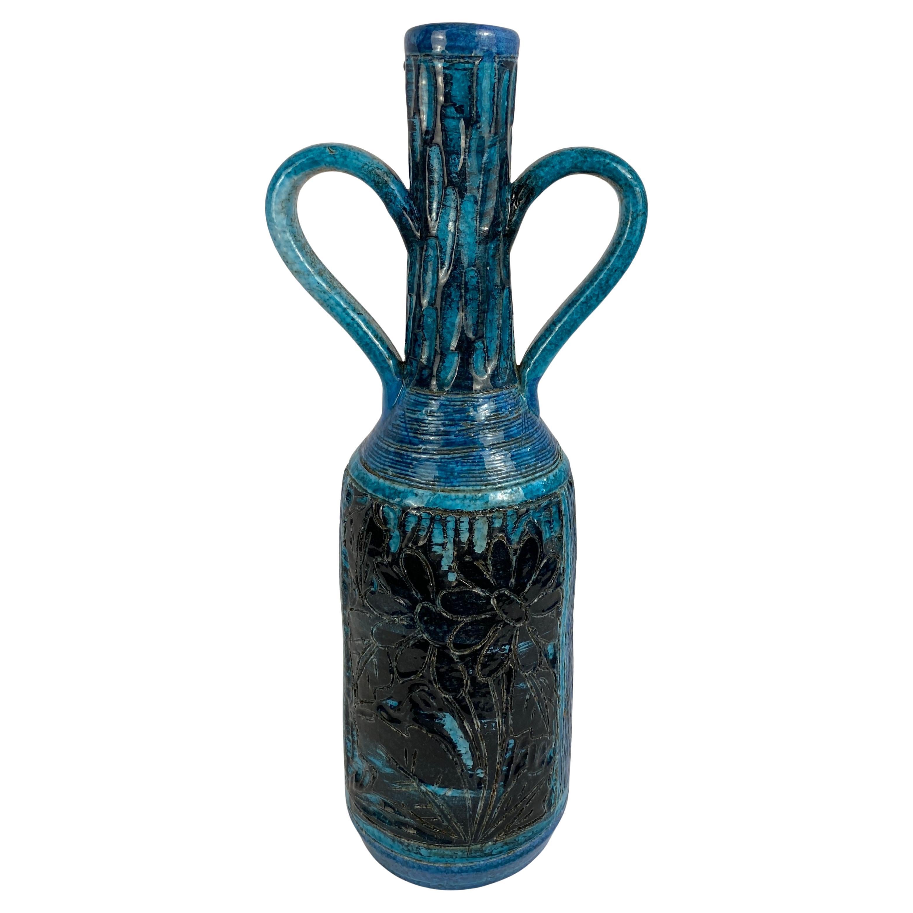 Accolay Style Ceramic Vase with Handles, Large Blue Vase att. to Accolay Pottery