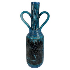 Accolay Style Ceramic Vase with Handles, Large Blue Vase att. to Accolay Pottery
