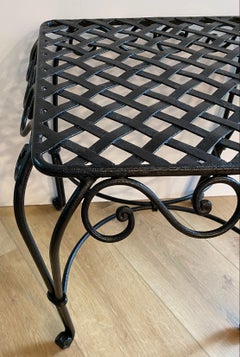 Pair of French Wrought Iron Square Accent Tables, Lattice Tops and Scroll Legs