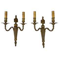 Pair of Louis XVI Style French Bronze Two-Light Wall Sconces