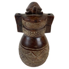 Vintage Carved Wooden Vessel with Turtle Finial – Tribal Style Decorative Object