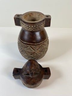 Vintage Carved Wooden Vessel with Turtle Finial – Tribal Style Decorative Object
