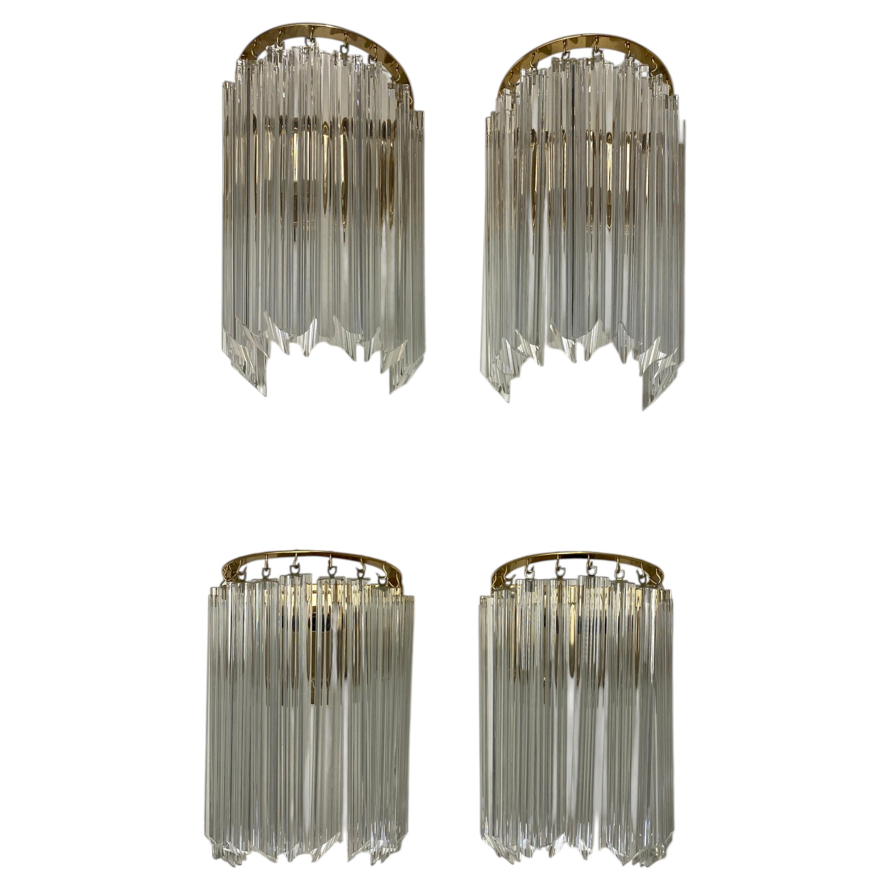 Set of Four Venini Murano Glass and Brass Wall Sconces, Mid-Century Modern For Sale