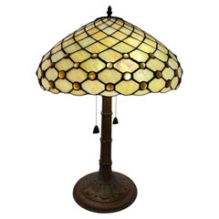 Antique American Tiffany Style Leaded Stained Glass Table Lamp with Amber Jewels
