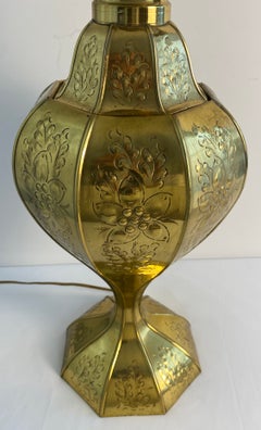 20th Century Indian Engraved Brass Table Lamp with Floral Decoration