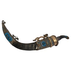 Antique Tibetan Ritual Dagger with Silver, Turquoise Blue Enamel and Dragon