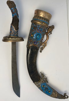 Antique Tibetan Ritual Dagger with Silver, Turquoise Blue Enamel and Dragon
