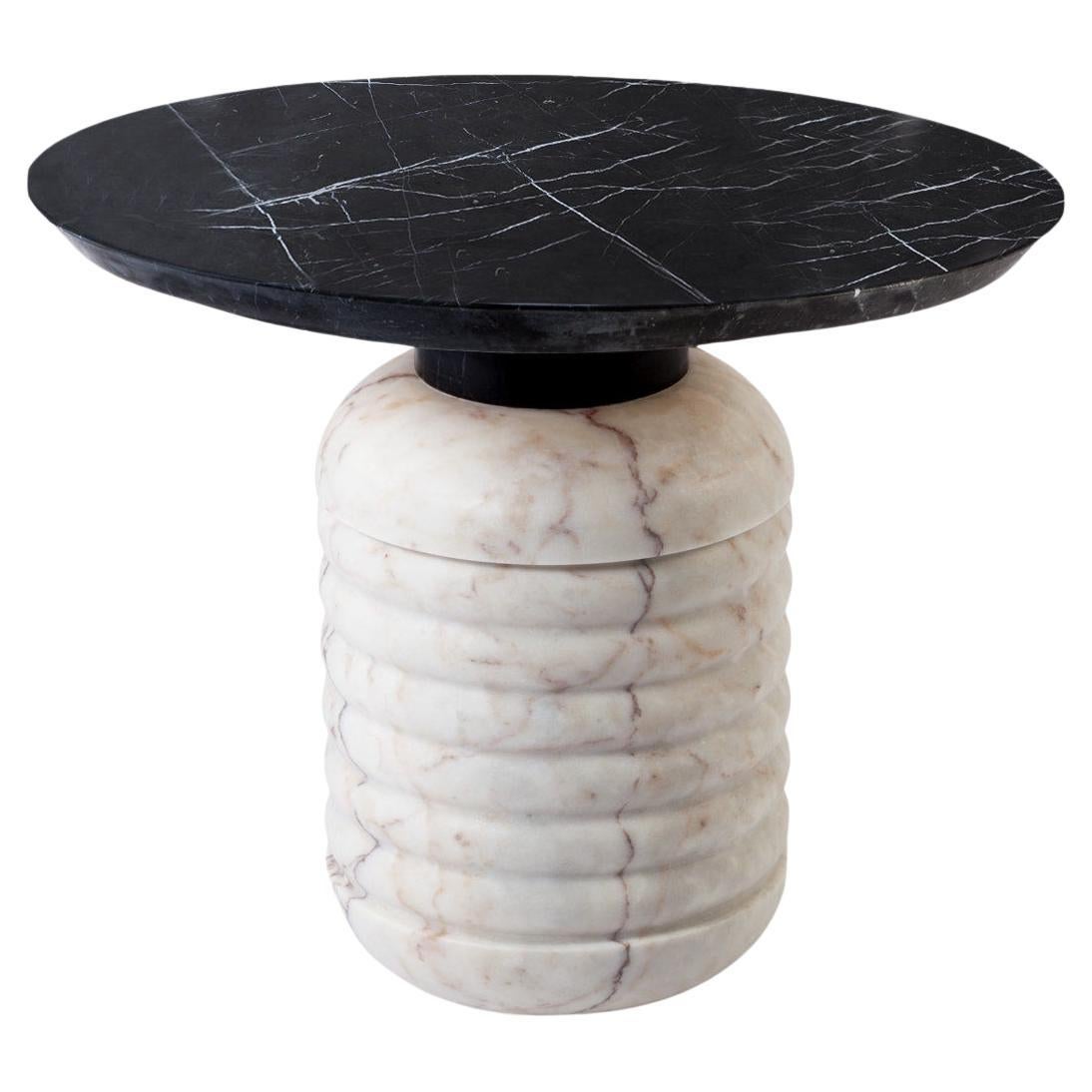 Jean Tall Side Table with White Marble base and Black Marble Nero Marquina Top For Sale