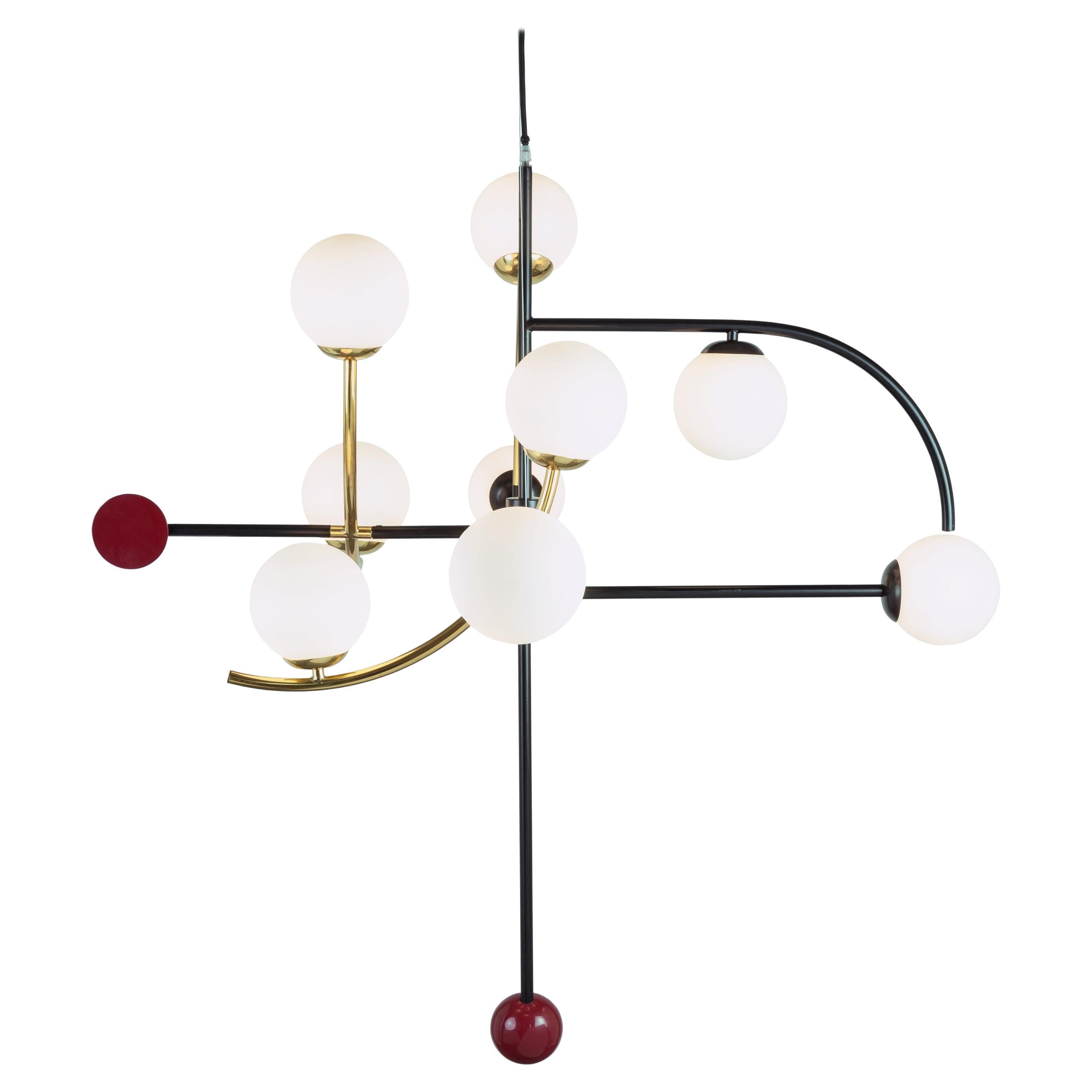 Art-Deco Inspired Brass, Black and Red Helio I Pendant Lamp by UTU For Sale