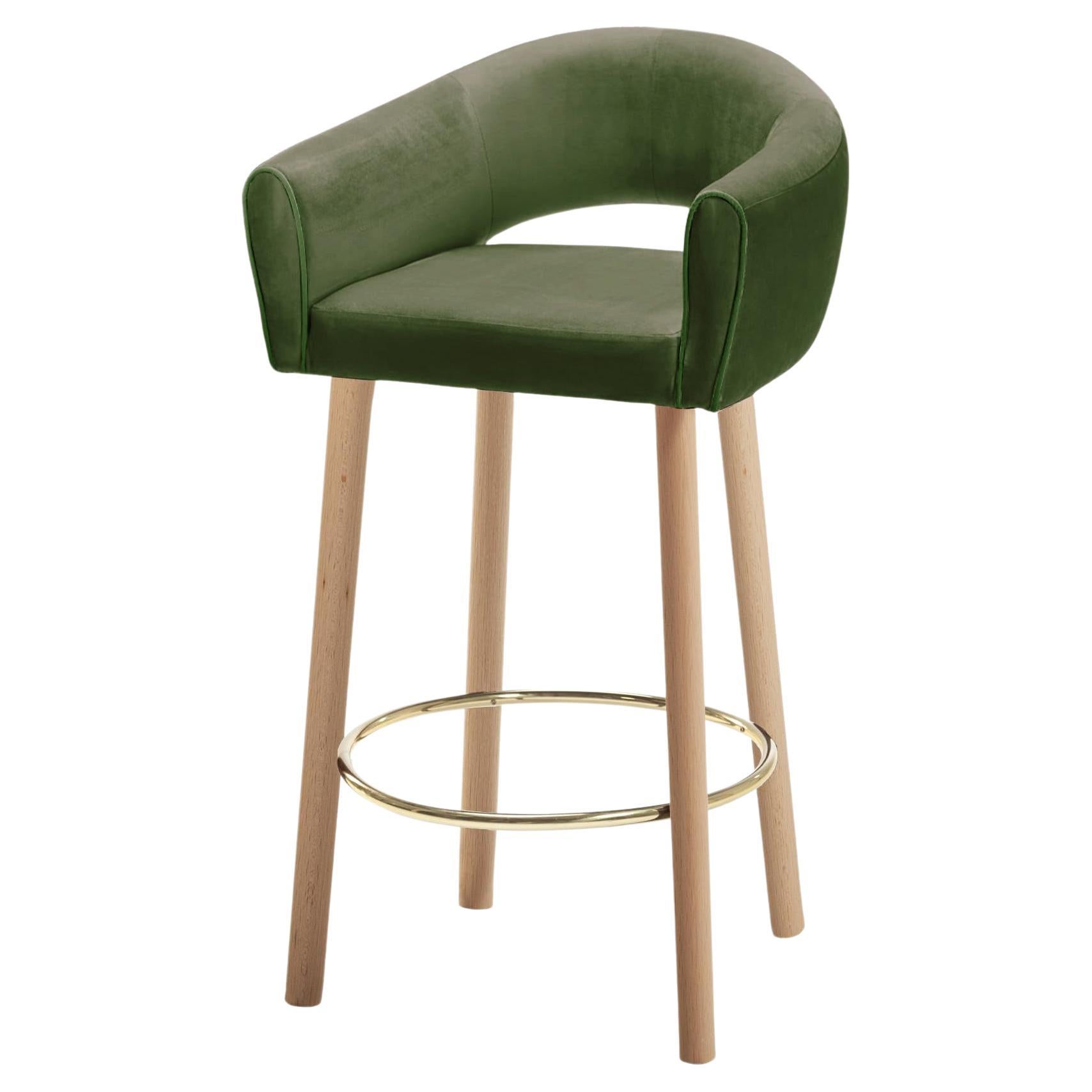 Grace Bar Stool Green Paris Forest Fabric and Wood Feet with Polished Brass Ring For Sale