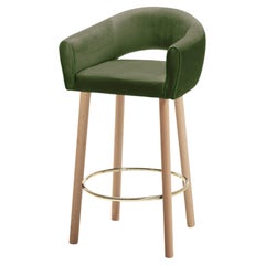 Grace Bar Stool Green Paris Forest Fabric and Wood Feet with Polished Brass Ring