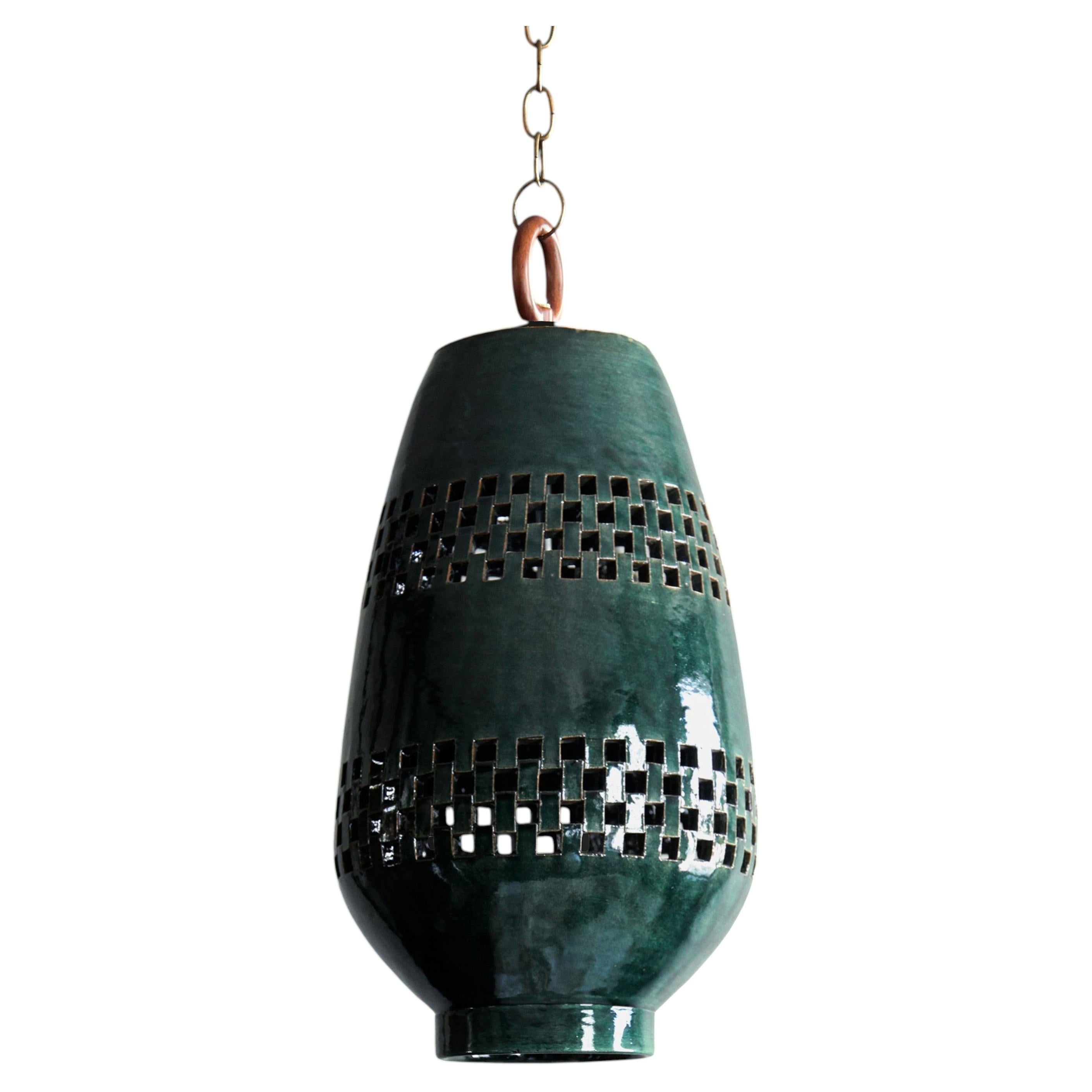 Large Emerald Ceramic Pendant Light, Aged Brass, Ajedrez Atzompa Collection