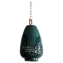 Small Emerald Ceramic Pendant Light, Aged Brass, Diamantes Atzompa Collection