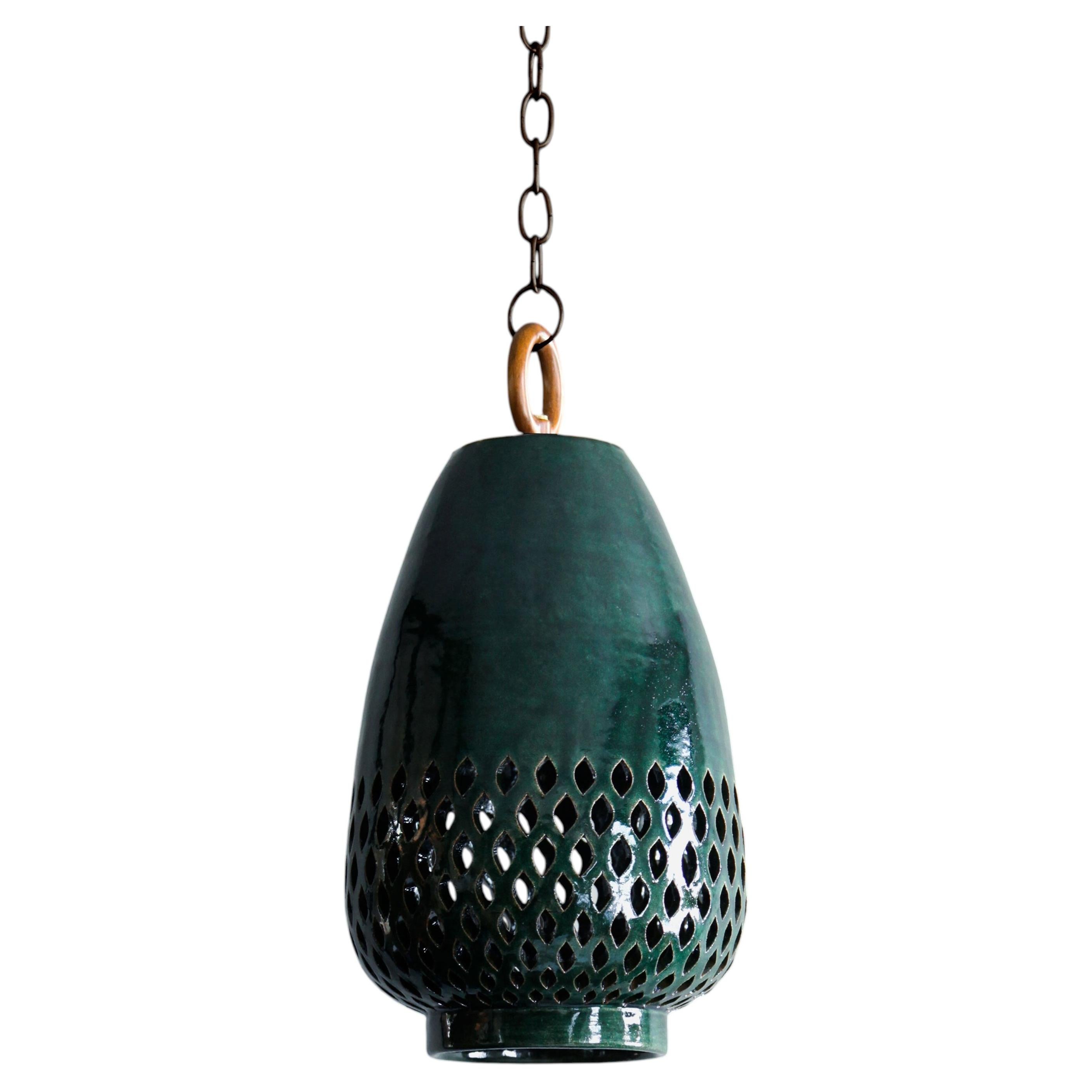 Small Emerald Ceramic Pendant Light, Oiled Bronze, Diamantes Atzompa Collection For Sale