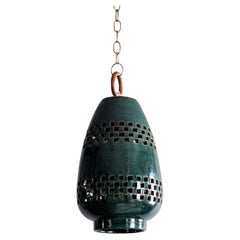Small Emerald Ceramic Pendant Light, Aged Brass, Ajedrez Atzompa Collection
