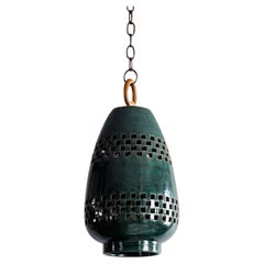 Small Emerald Ceramic Pendant Light, Oiled Bronze, Ajedrez Atzompa Collection