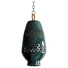 Medium Emerald Ceramic Pendant Light, Oiled Bronze, Ajedrez Atzompa Collection