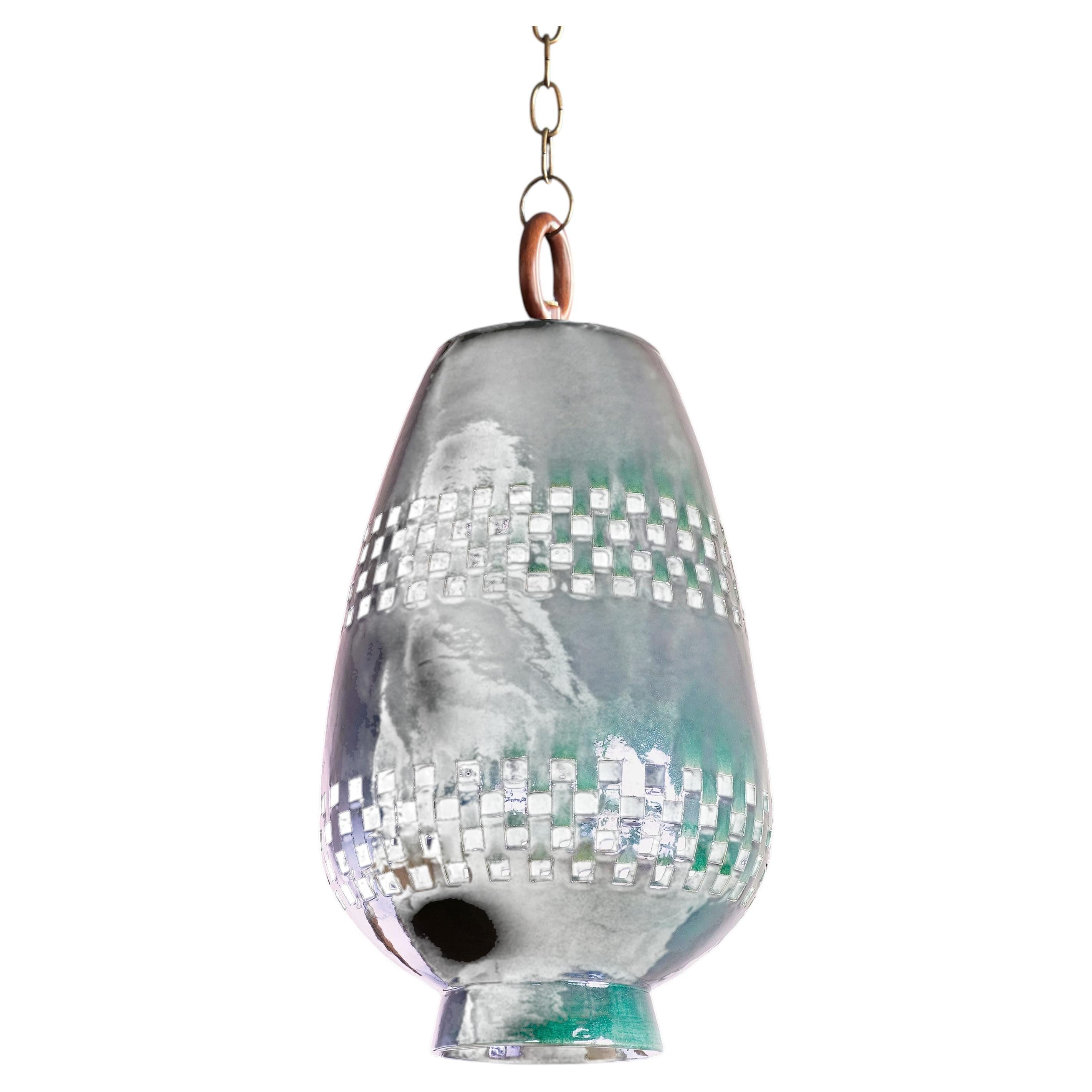 Emerald Ceramic Pendant Light XL, Aged Brass, Ajedrez Atzompa Collection