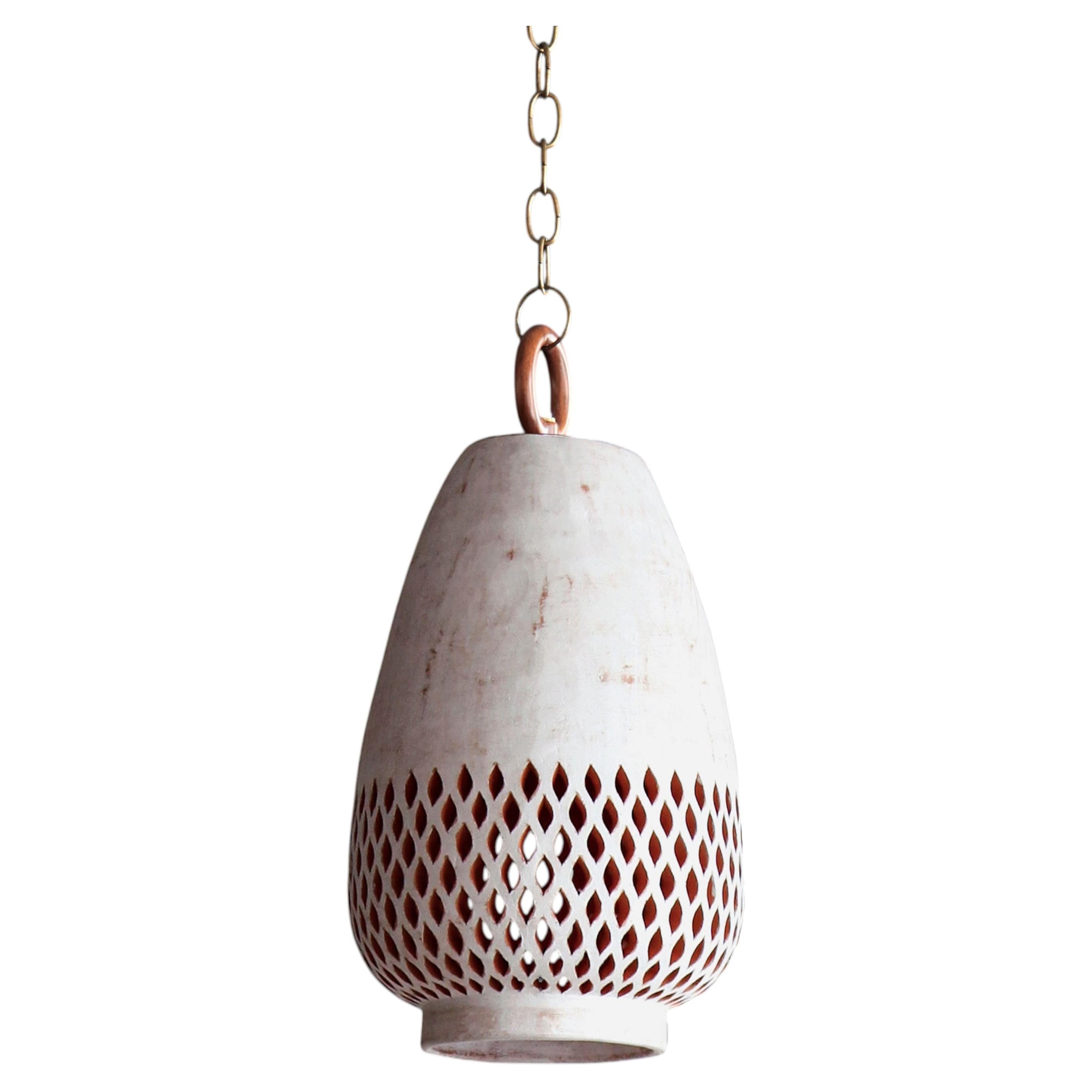 Small White Ceramic Pendant Light, Aged Brass, Diamantes Atzompa Collection