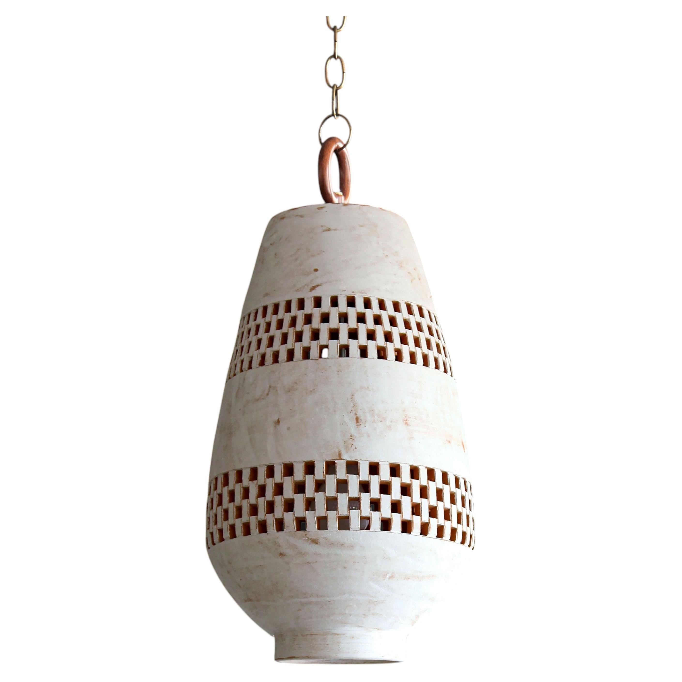 Large White Ceramic Pendant Light, Aged Brass, Ajedrez Atzompa Collection
