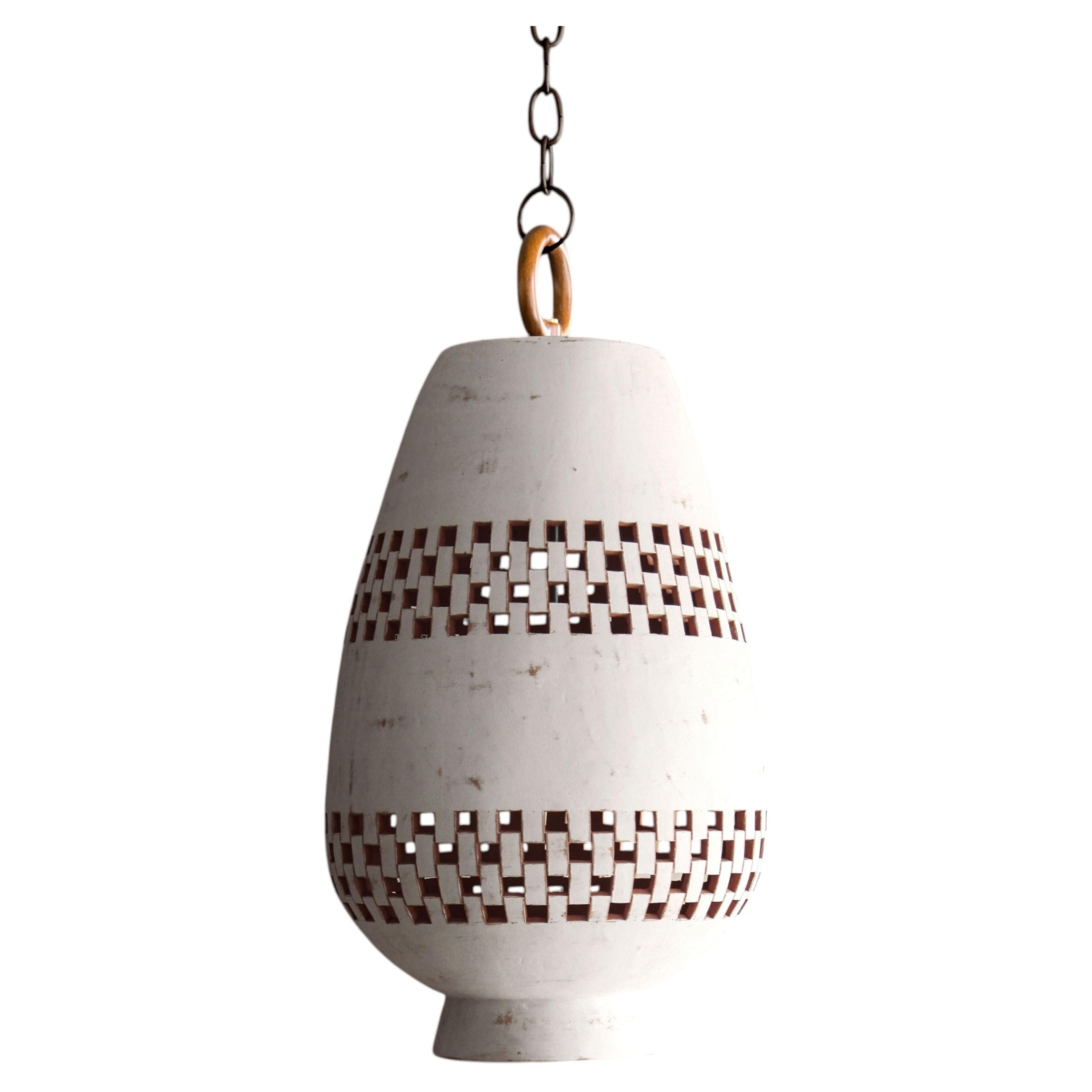 White Ceramic Pendant Light XL, Oiled Bronze, Ajedrez Atzompa Collection