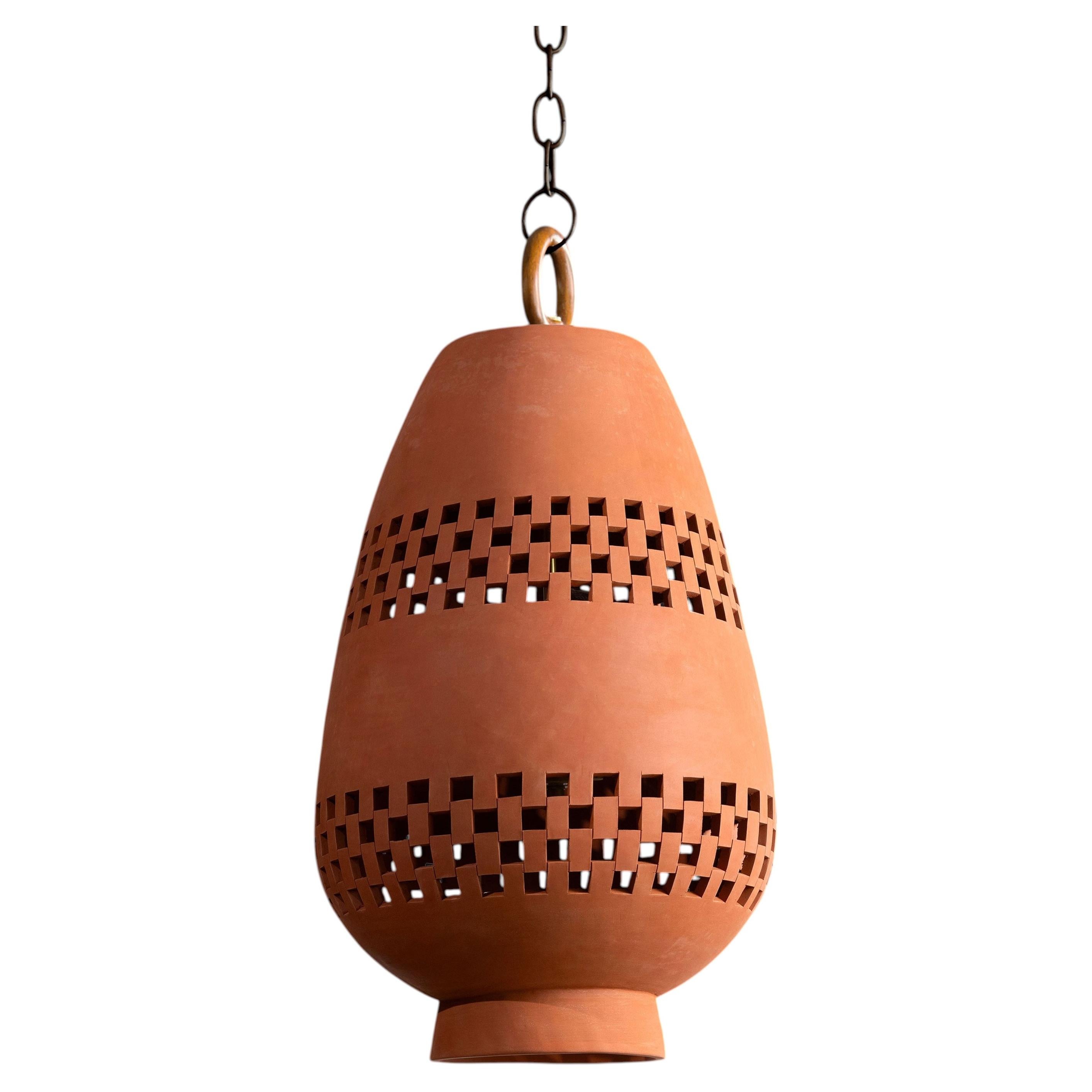 Terracotta Ceramic Pendant Light XL, Oiled Bronze, Ajedrez Atzompa Collection For Sale
