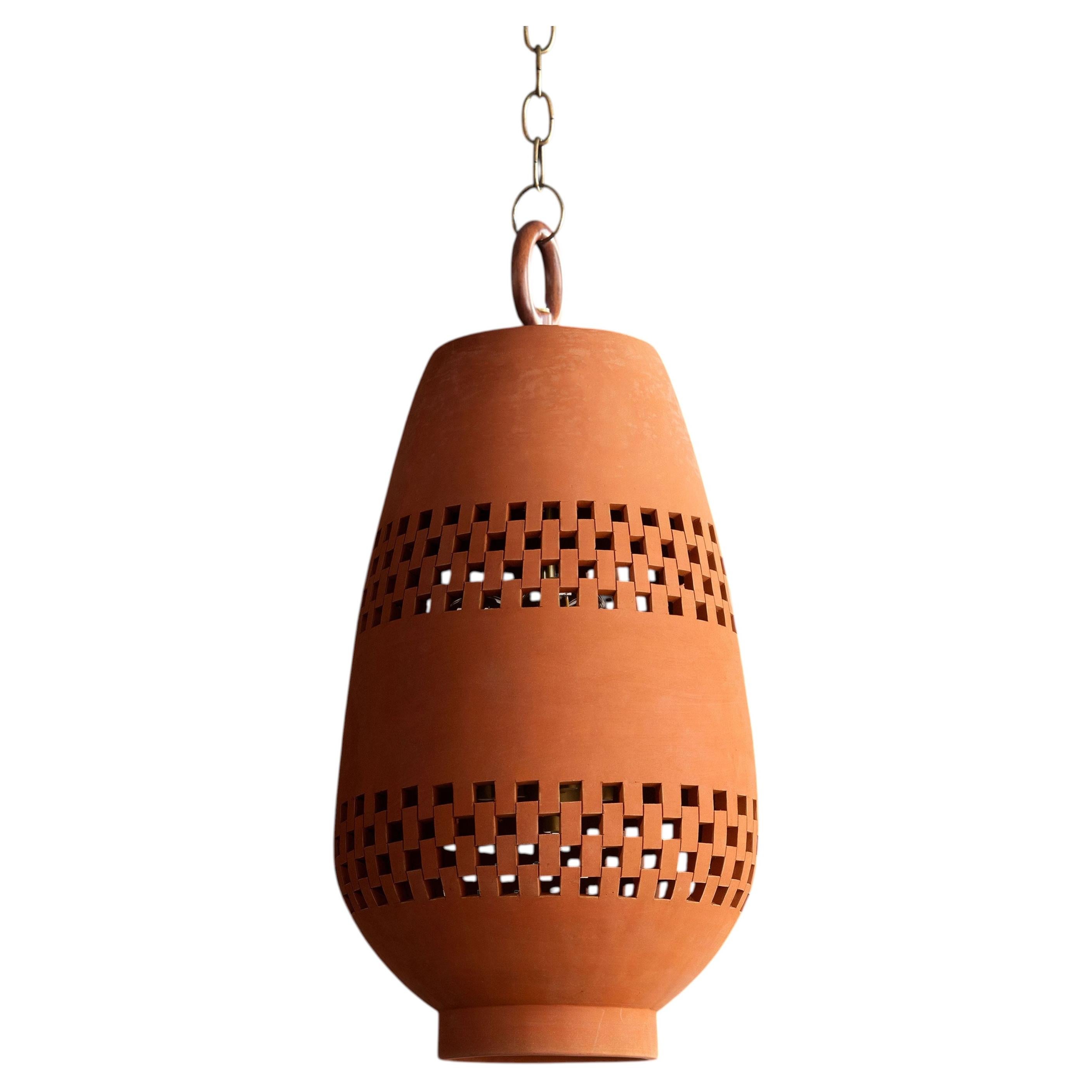 Large Terracotta Ceramic Pendant Light, Aged Brass, Ajedrez Atzompa Collection