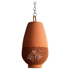 Lámpara Colgante Cerámica Terracota Grande, Bronce Aceitado Diamantes Atzompa