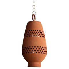 Medium Terracotta Ceramic Pendant Light, Aged Bronze, Ajedrez Atzompa