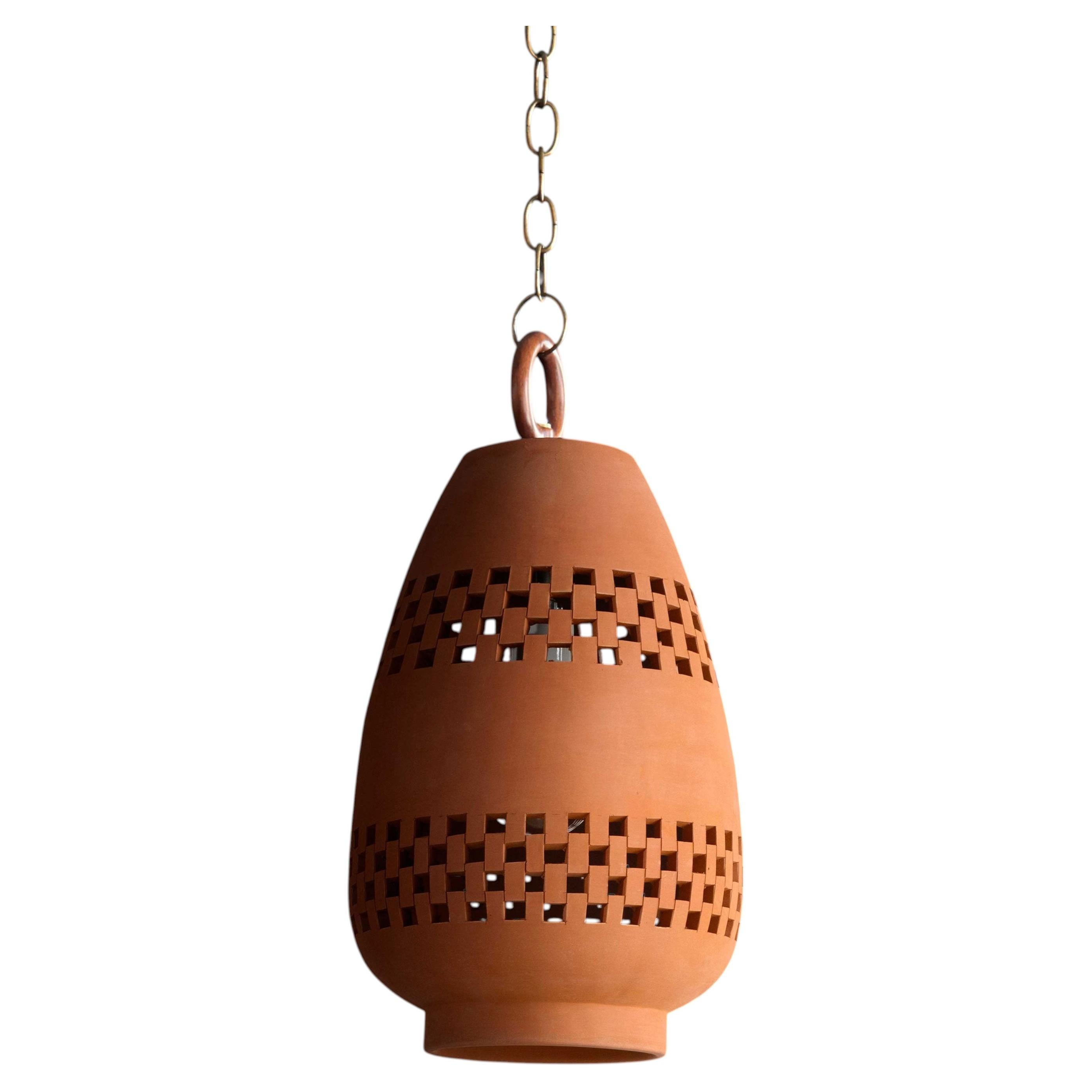 Small Terracotta Ceramic Pendant Light, Aged Brass, Ajedrez Atzompa Collection For Sale