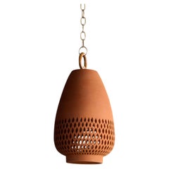 Small Terracotta Ceramic Pendant Light, Natural Brass, Diamantes Atzompa